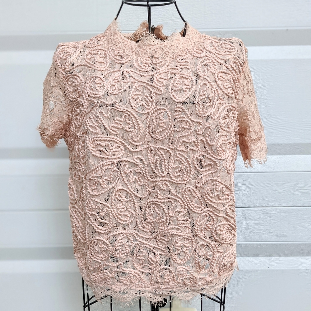 Zara Trafaluc floral lace embroidery back zip short sleeve top size M